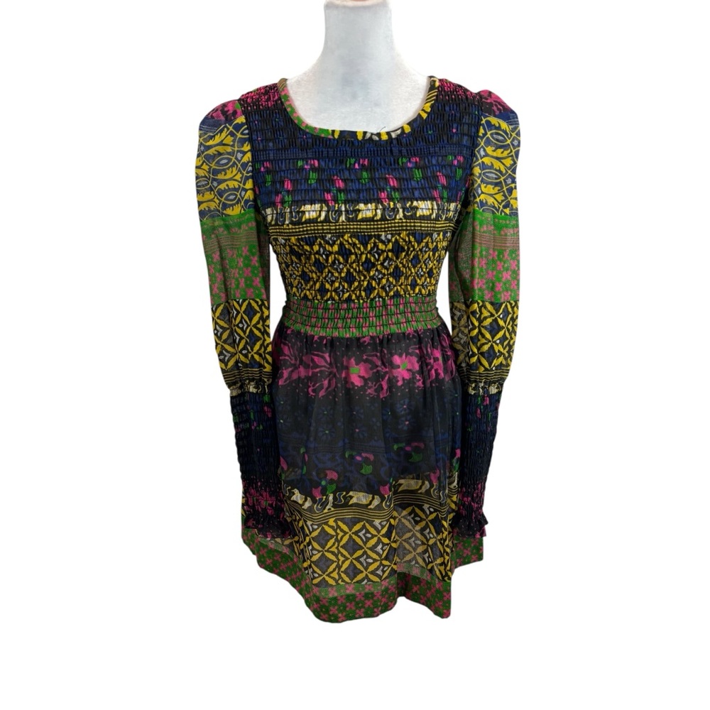 Ladies Vintage Sheer Long Sleeve Print Mini Dress with Shirring Size Small/Med
